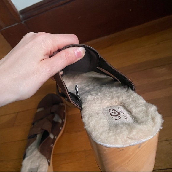 UGG Brown Leather Fisherman Mules Sandals Comfortable Clogs Shearling sz 11 - Picture 9 of 12